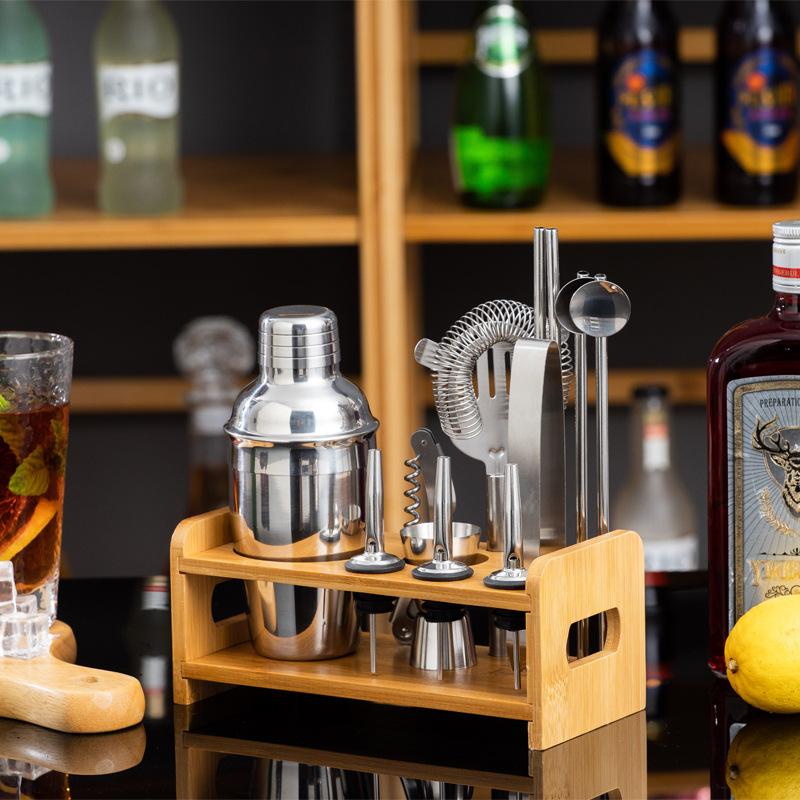 13-Piece Stainless Steel Cocktail Shaker Set with Stylish Bamboo Stand Complete Bar Tools Kit for Cocktail Mixing
