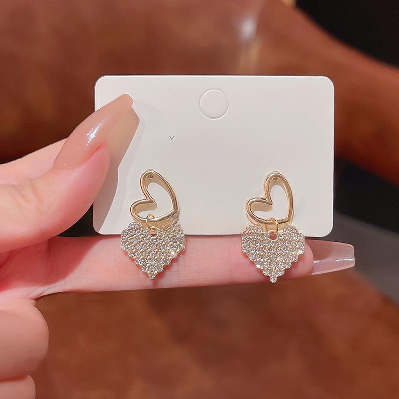 Sterling Silver Love Earrings with Full Diamond Design - Elegant and Versatile Women's Fashion Jewelry.