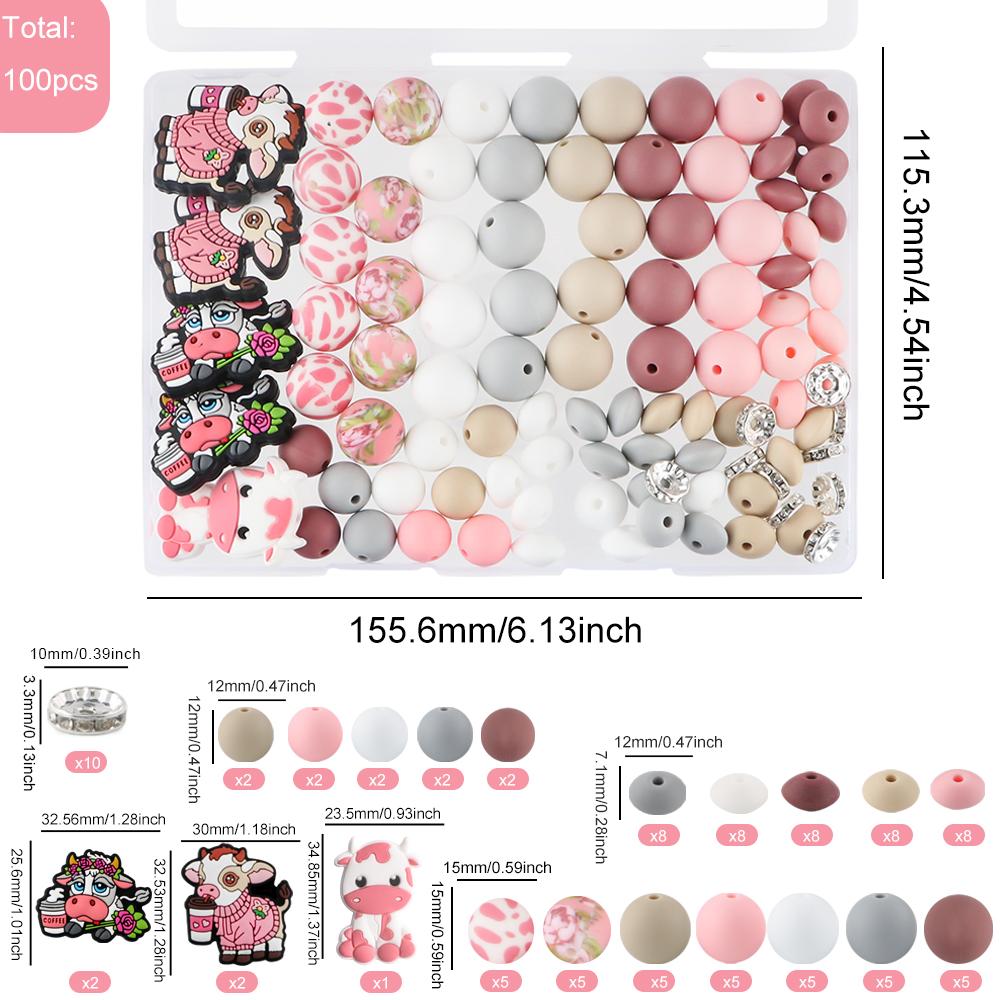 New 100Pcs/Box Yak Cow Silicone Focal Beads Printed Round Lentil Bead Kits DIY Keychain Bracelet Accessories For Jewelry Making