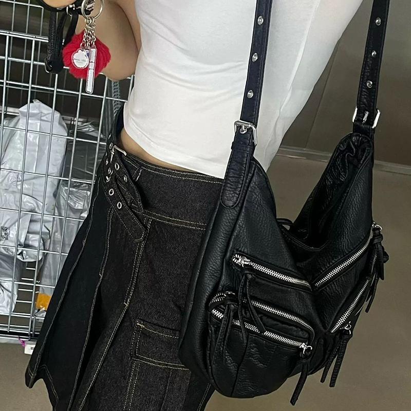Yogodlns Vintage Large Capacity Soft Leather Black Motorcycle Bag Women's Simple Design Versatile Single Shoulder Crossbody Bag