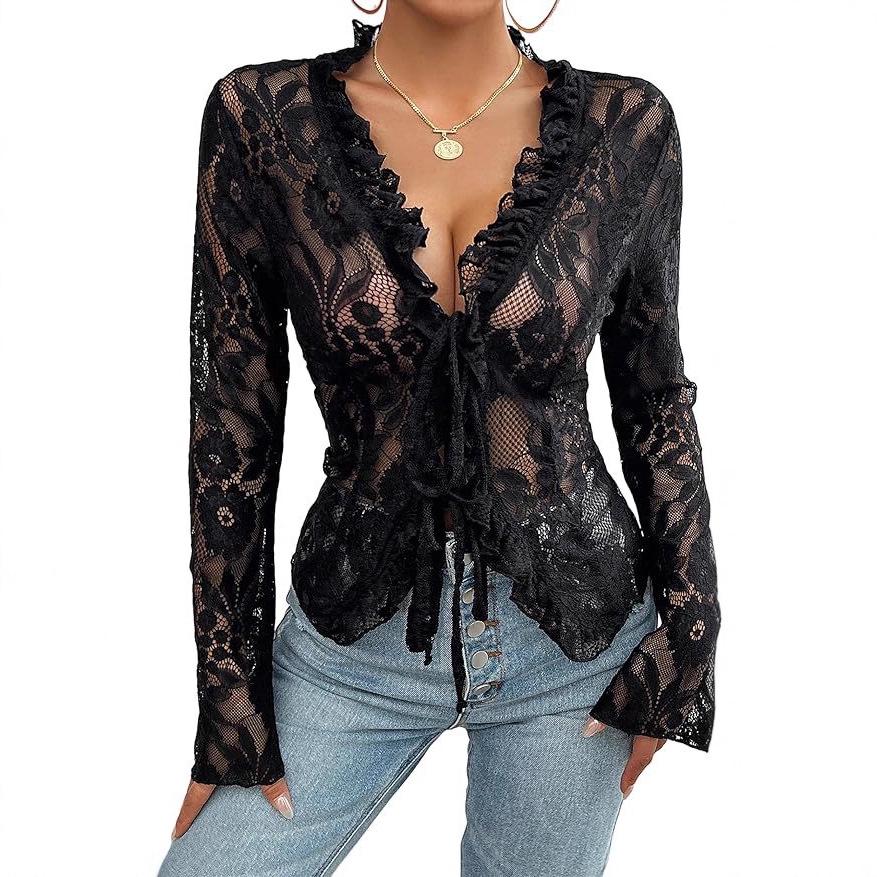 2026 Spring/Summer Women's Elegant Lace V-Neck Long-Sleeve Shirt