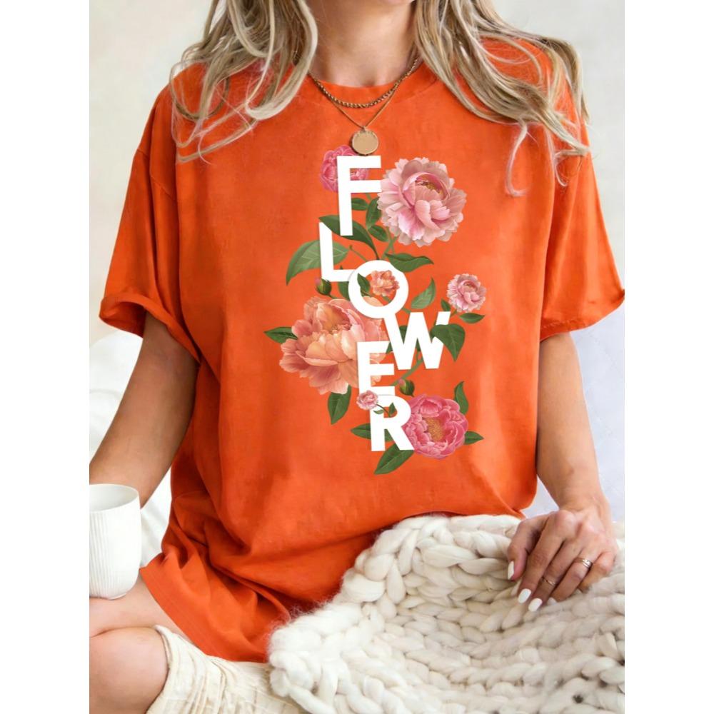 Schöne Rosenblumen Aufdruck Damen T-Shirt Lässig Oversized T-Shirt Y2K Baumwolle Atmungsaktive Oberteile Sommer Rundhals