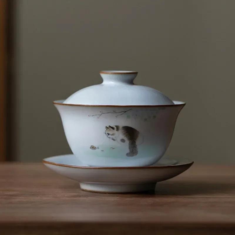 

Traditional Ru Kiln Ceramic Tea Tureen Bowl Handmade Cat Pattern Teacup Travel Portable Gaiwan Home Tea Set Drinkware 160ml 11.5X9CM 160ML