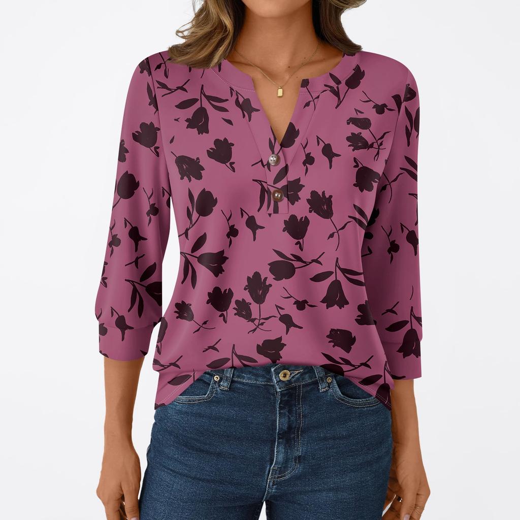 Damesmode Casual 3/4 Mouw T-shirt Prints V-hals Knoop Top