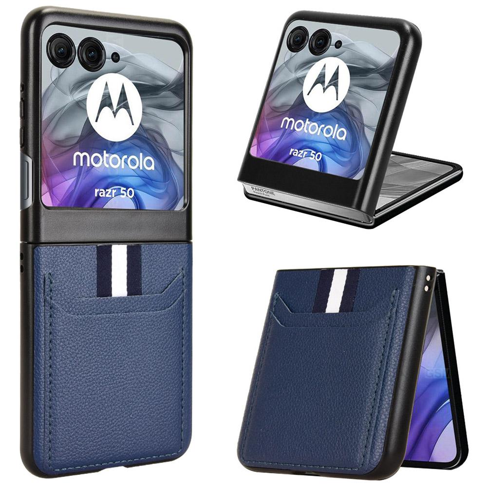 

Чехол для Motorola Razr 50 5G из кожи с текстурой личи + ПК, чехол для телефона с двумя слотами для карт Blue