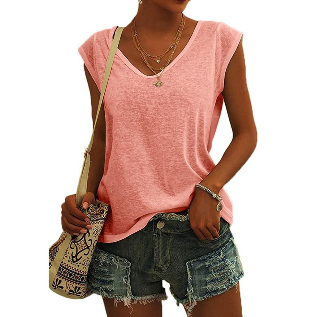 Women's V-Neck T-Shirt Casual Sleeve Vest Loose Blouse Fit Tank Tops