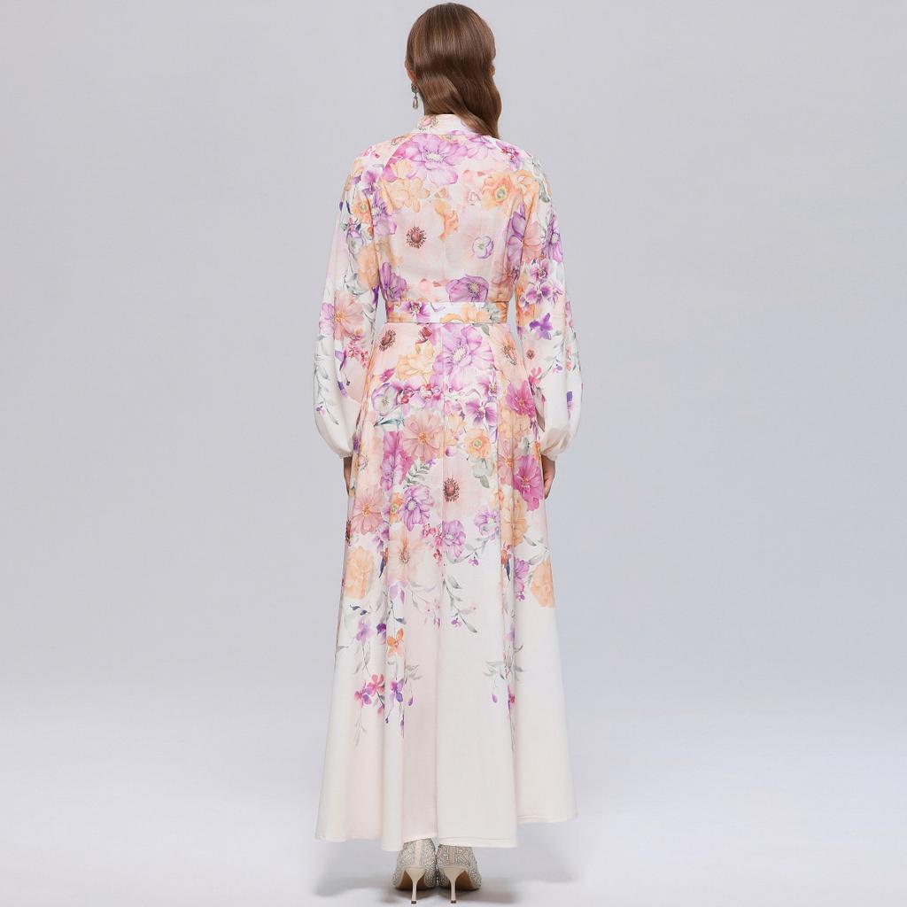 Spring/Summer Romantic Floral Print Stand-Up Collar Bell-Sleeve Slimming Party Dress for Women Elegant Single-breasted Maxi Dress with Belt