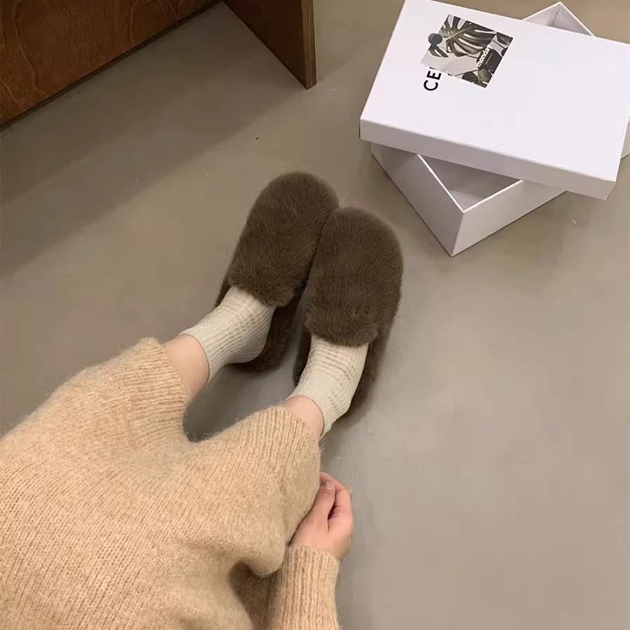 2025 Autumn and Winter New Internet Celebrities Simple and Gentle Imitation Mink Hair Bag Head Half Slippers Plush Slippers Women's Wear