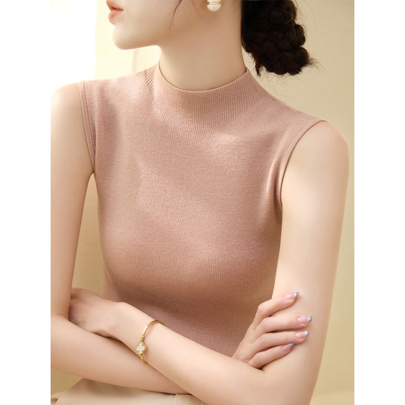 

Summer Half Turtleneck Lyocell Tencel Silm Knitwear Tops New Arrival Ice Silk Tank Top Sleeveless T-shirt Bottoming Women Leather pink ~ quality upgrade L