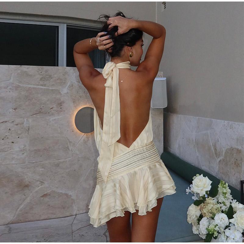 Halter Backless Chiffon Dress Woman's Sexy Lace Up Sleeveless Pleat Wrapped Waist Elegant Short Dresses 2025 Summer New Fashion