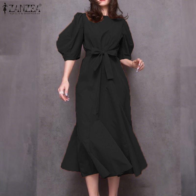 ZANZEA Women Casual Round Neck Loose Half Sleeve Long Dress
