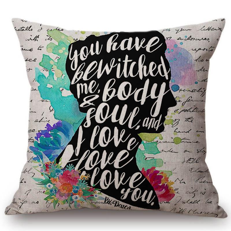 18" Square Floral Jane Austen Quotation Letter Print Sofa Throw Pillow Cover Case Cotton Linen Nordic Masterpiece Cushion Cover