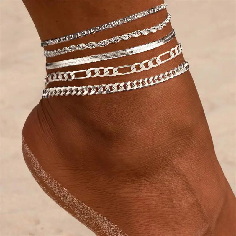Trendy 6-Piece Women's Anklet Set: European & American Style, Multi-Layer Snake Chain Design