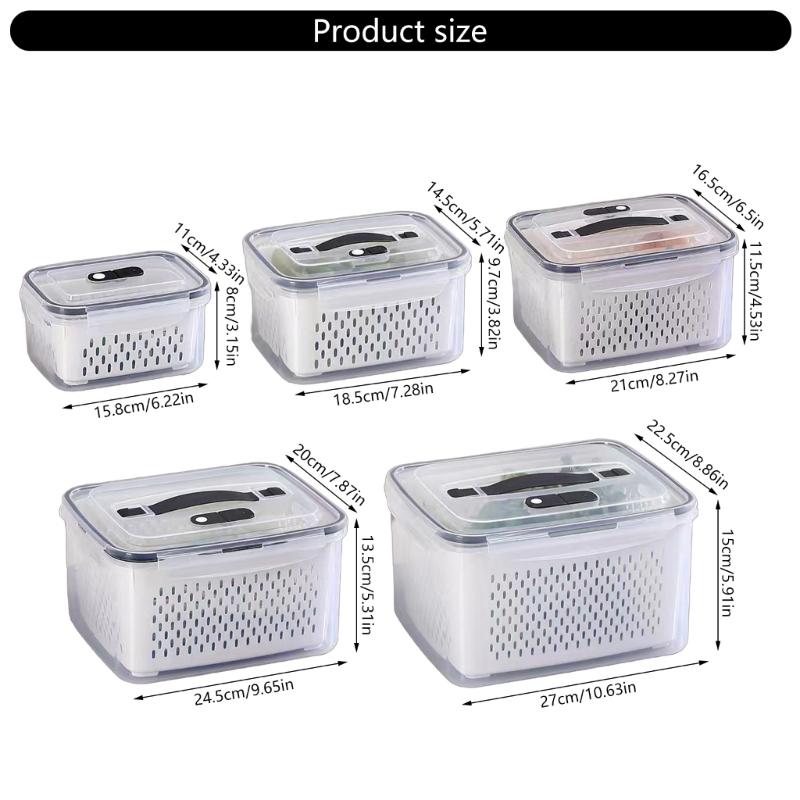 Vegetable and Fruit Storage Bins with Strainers Space Saving Freshness Preserving Boxes Large Organizer Box with Lid