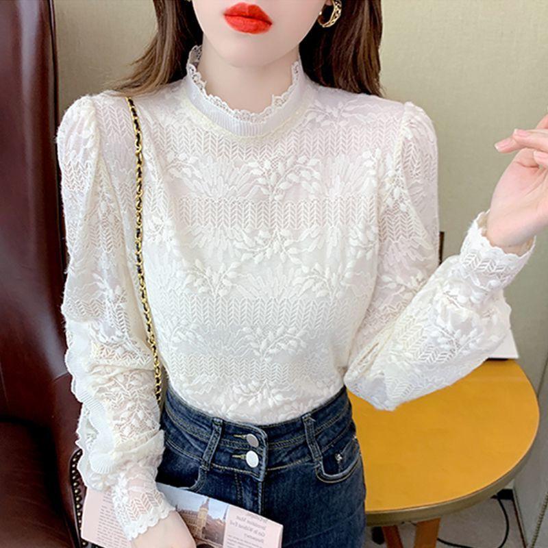 Women's Elegant Lace Long-Sleeve Base Layer Top, French Style, Plus Size, Autumn 2025 Collection