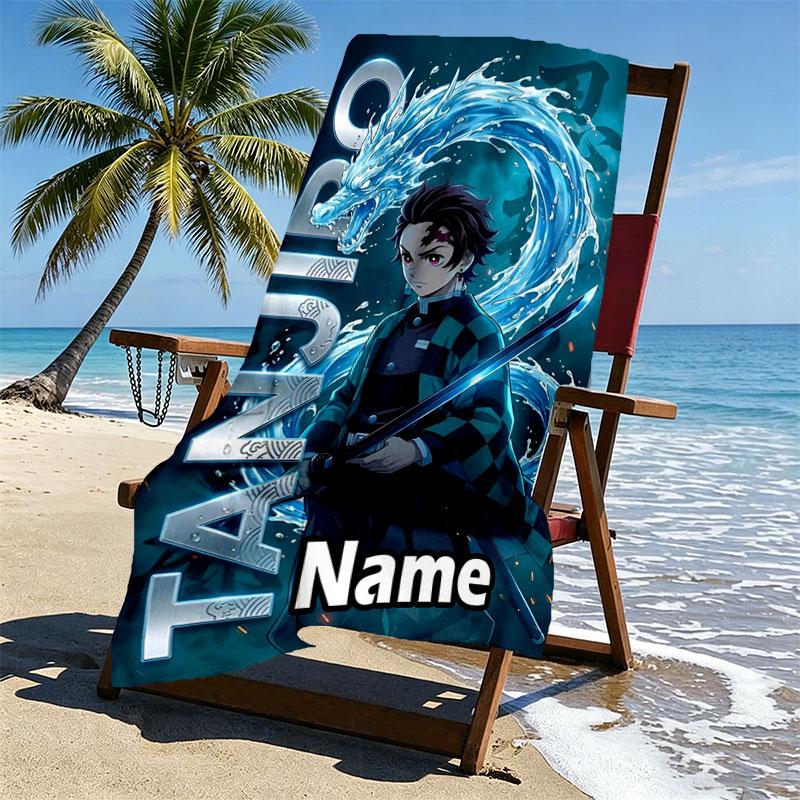 Custom Name Personalized Demon Slayer Print Beach Towel, for Trip Camping Beach Party Home Decor, Birthday Gift for Family & Friends
