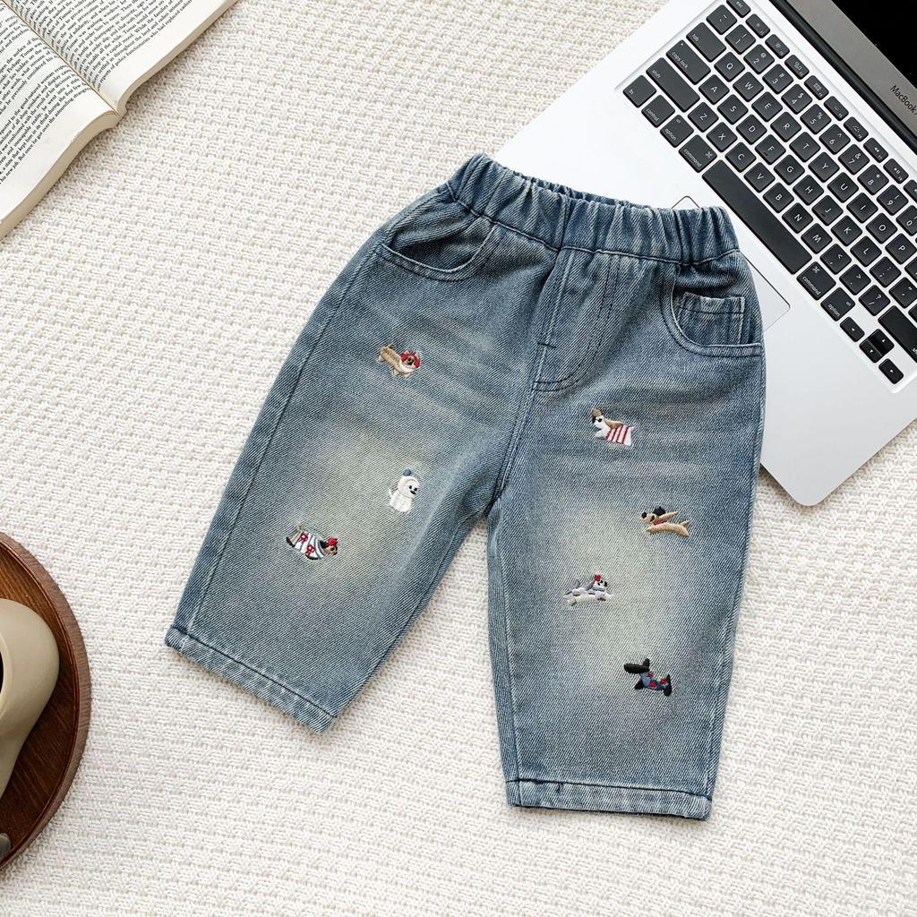 2026 Spring/Autumn Unisex Baby Toddler Embroidered Cartoon Soft Denim Jeans
