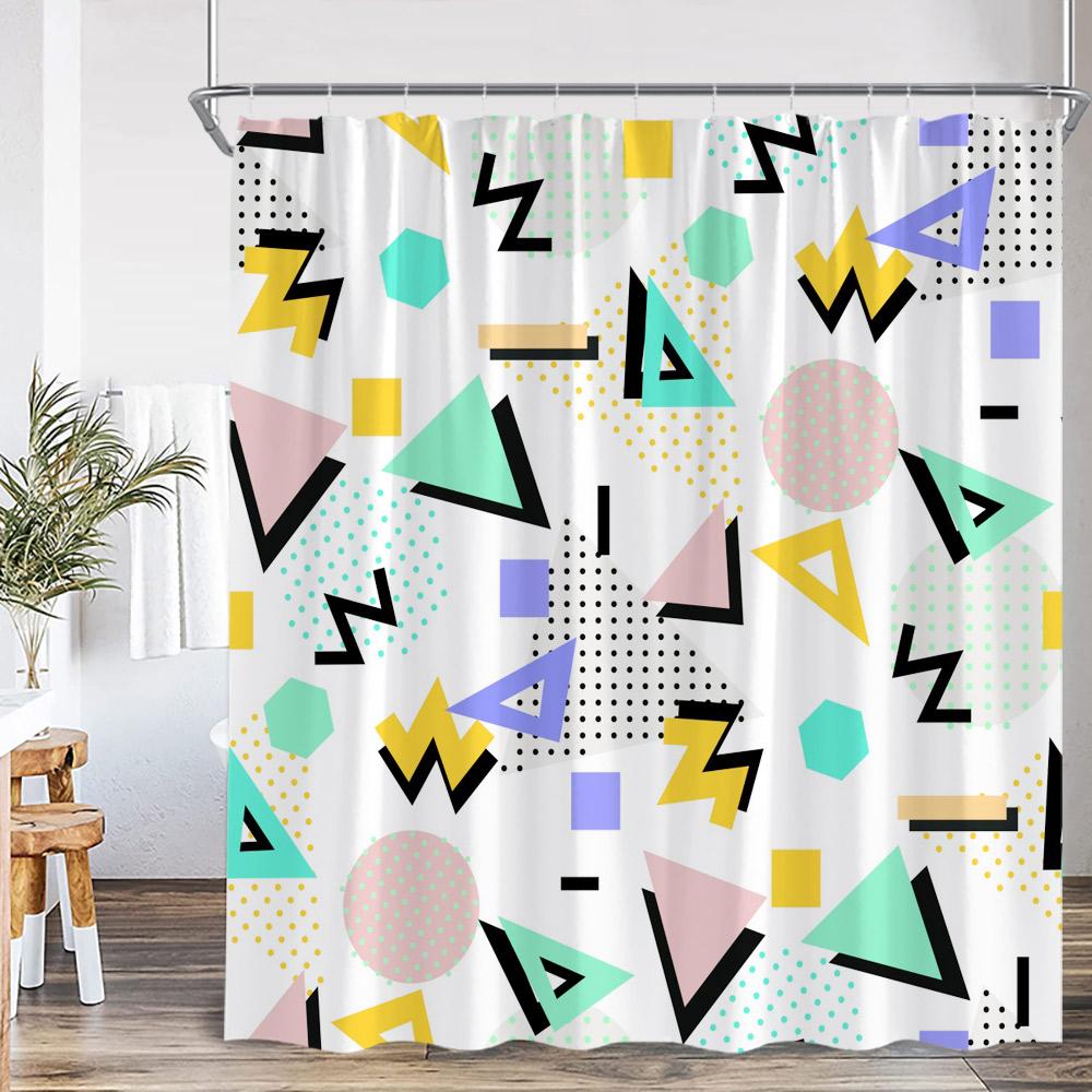 Geometric Abstract Shower Curtains Square Wave Line Triangle Circle Math Bathroom Decorations Modern Bath Curtain With Hooks