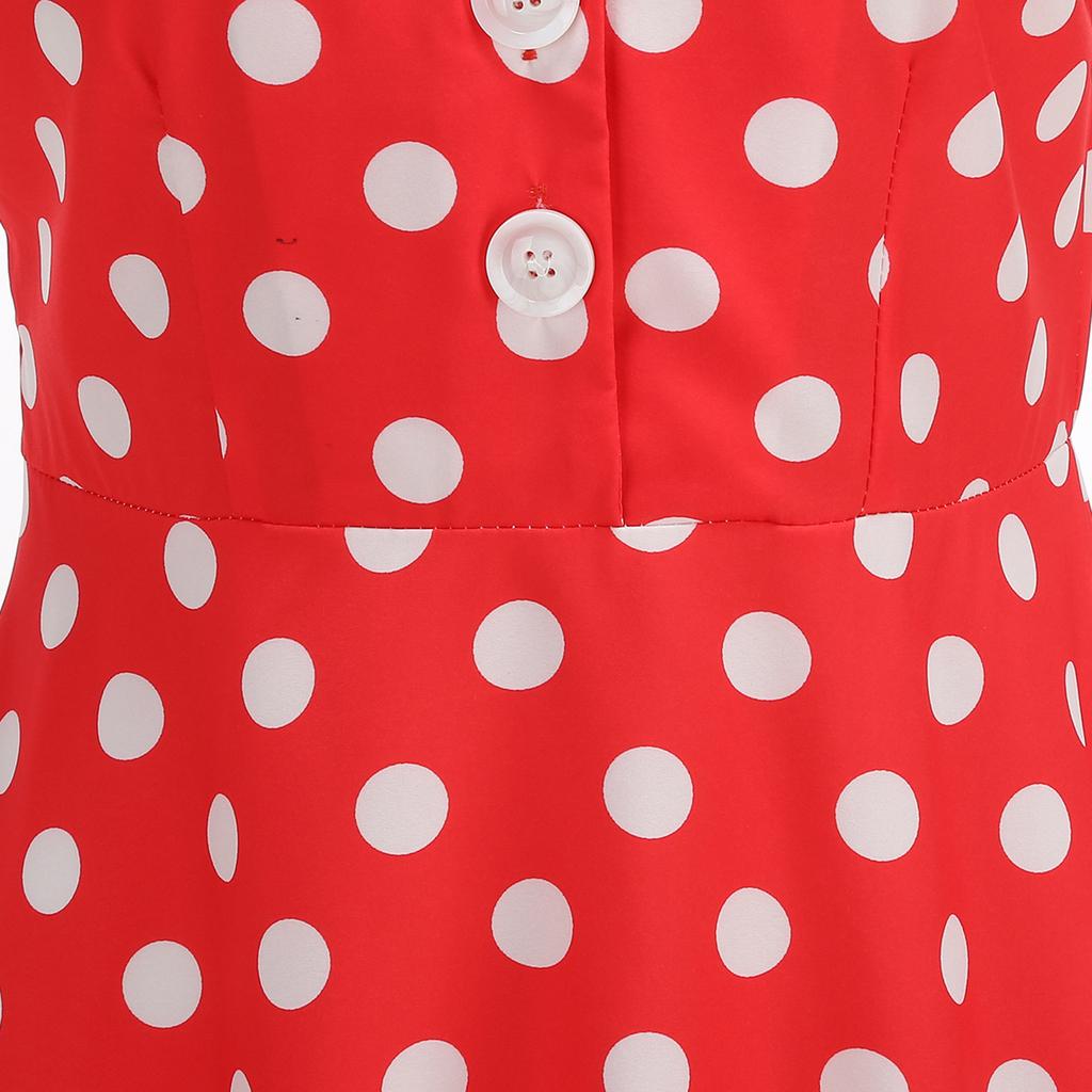 Damen Vintage Reverskragen Patchwork Polka Dot Ausgestelltes Kleid mit gestreiftem Taillengürtel Knopfleiste Vorne Retro Stil Swing Kleid