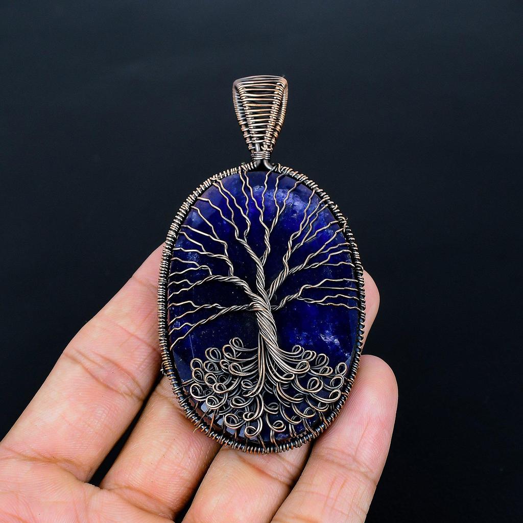 Tree Of Life Blue Sapphire Pendant, 999 Copper Wire Wrap Pendant Gemstone Jewelry, Handmade Pendant Amazing Jewelry, Gift For Her
