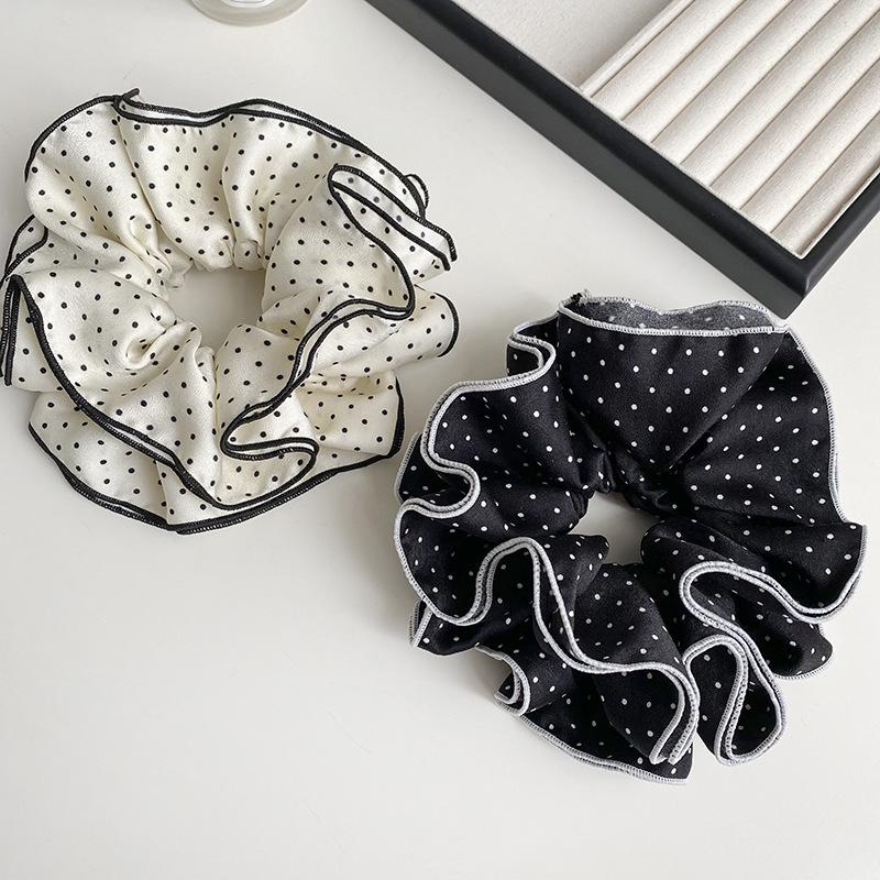 Classic Black & White Polka Dot Ruched Scrunchie - Retro French Head Tie