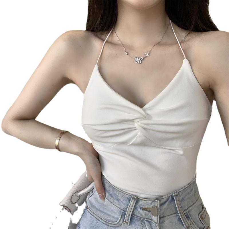 #Hong Kong flavor neck cross sling vest inside, women's French outer wear, beautiful back design, sleeveless sexy top