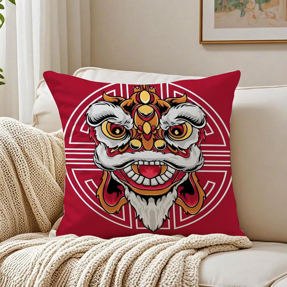 Fashion Traditional Dancing Lions Anime Lucky Cushion Cover Linen Pillowcase Soft For Sofa Bed Home Room Decor