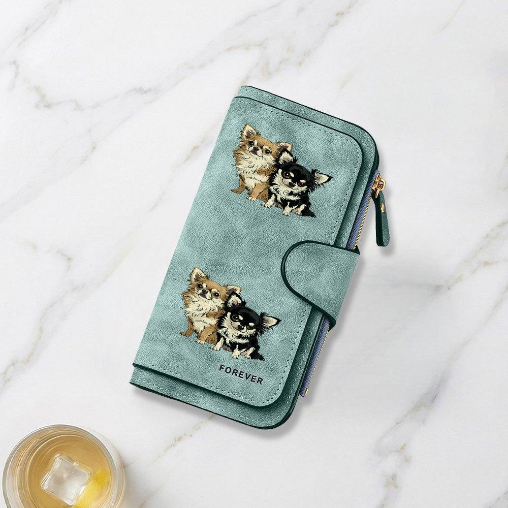 Cute Long-haired Chihuahua Twin Print Long Wallet, Multifunctional Portable Snap-button Coin Purse, Unisex, Suitable As a Birthday Gift and for