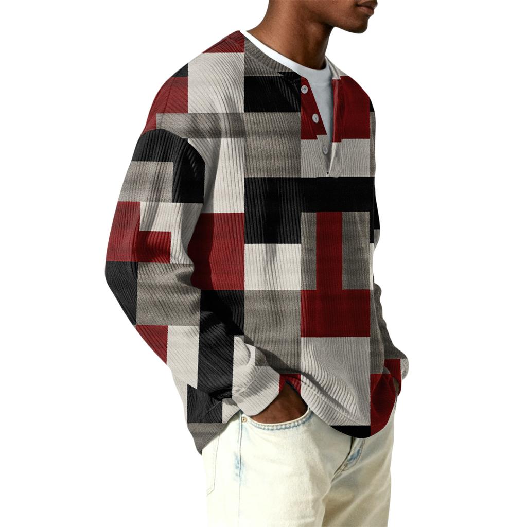 Męski sweter z dzianiny prążkowanej z długim rękawem, z kołnierzykiem zapinanym na guziki