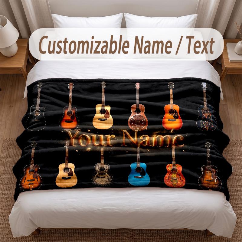 Music Guitar Theme Soft Blanket Personalized Custom Name Text Print Warm Blanket Home Sofa Bedroom Decor
