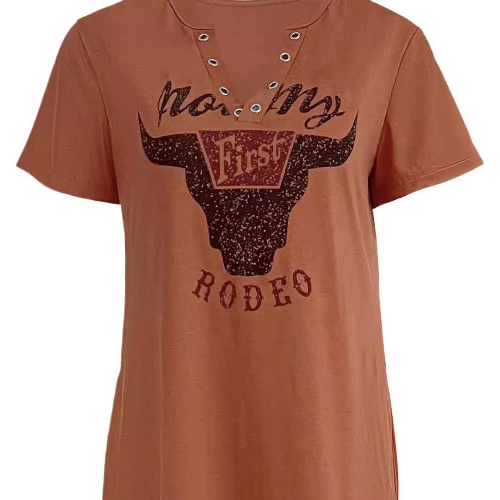 European and American new models, comfortable casual women's clothing, short-sleeved round neck retro bull's head letter color printed dress