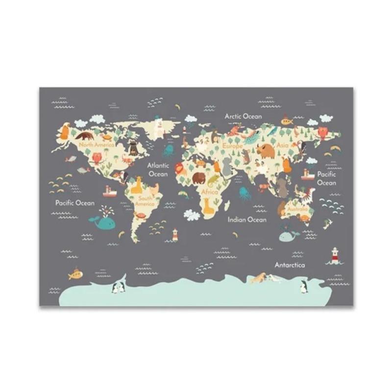 

Детская карта мира, печать плакатов, пастельная тема с животными, образовательный холст, настенный художественный декор, картины, живопись для декора детской комнаты, искусство 21cm×30cm NoFrame