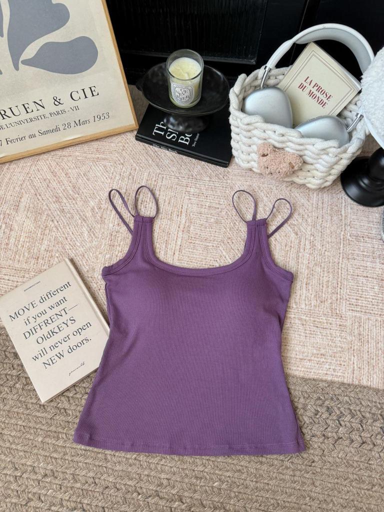 Korean Style Sexy Solid Color Padded Camisole with Double Shoulder Straps for Women - Comfortable One-Piece Inner Wear.