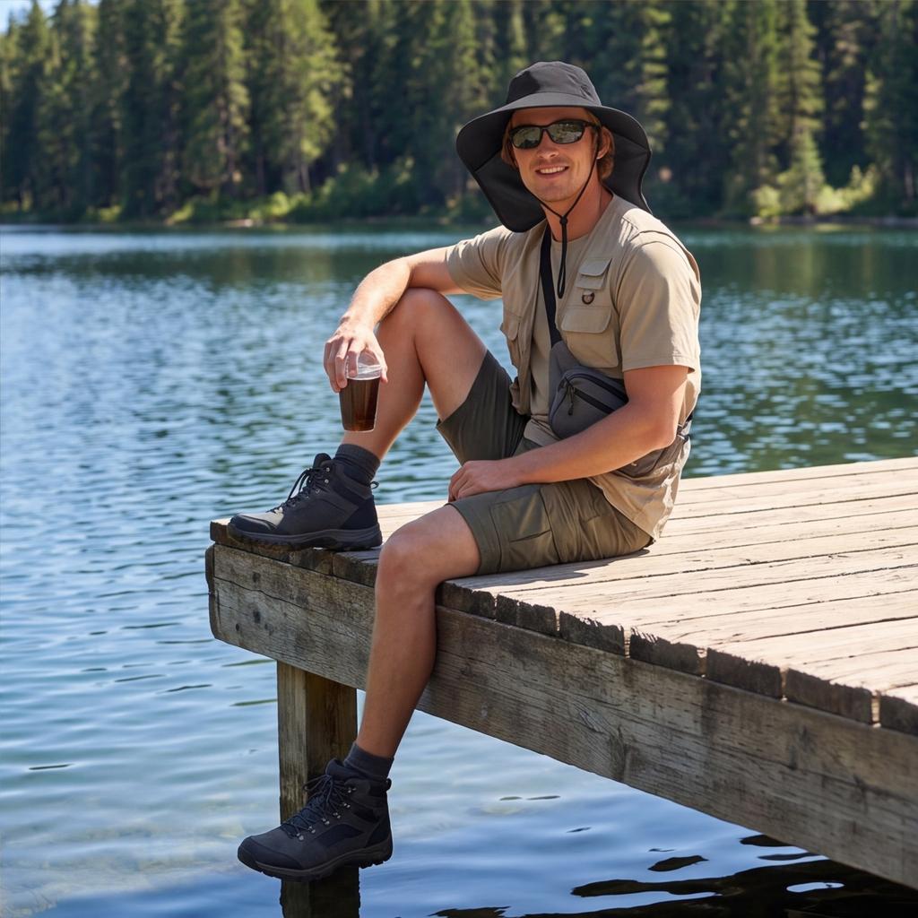 Men's Outdoor Sun Protection Hat Wide Brim Fishing Hat Travel Hat with Neck Flap and Adjustable Chin Strap Breathable Mesh Panels