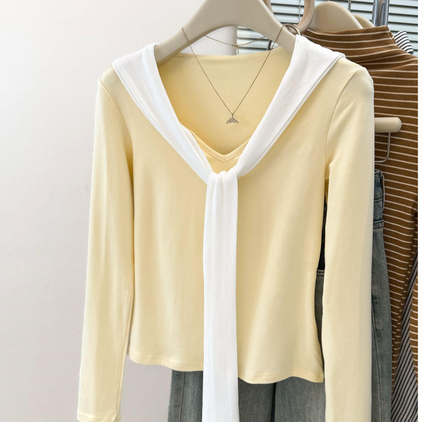 

Women s Sweet & Spicy V-Neck Shawl T-shirt - Long Sleeve Faux Two-Piece Slimming Top for Spring, Autumn, Winter M светло-желтого