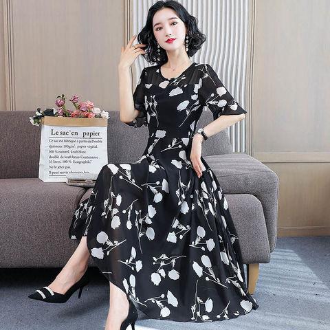 Summer dress women's summer new temperament large size long over knee waist thin floral dress fashion women's clothing