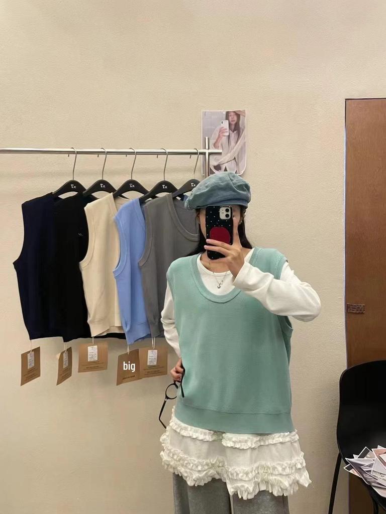 DA7 Women's Loose Plus Size Layered Knit U-Neck Vest - Spring Korean Casual Style