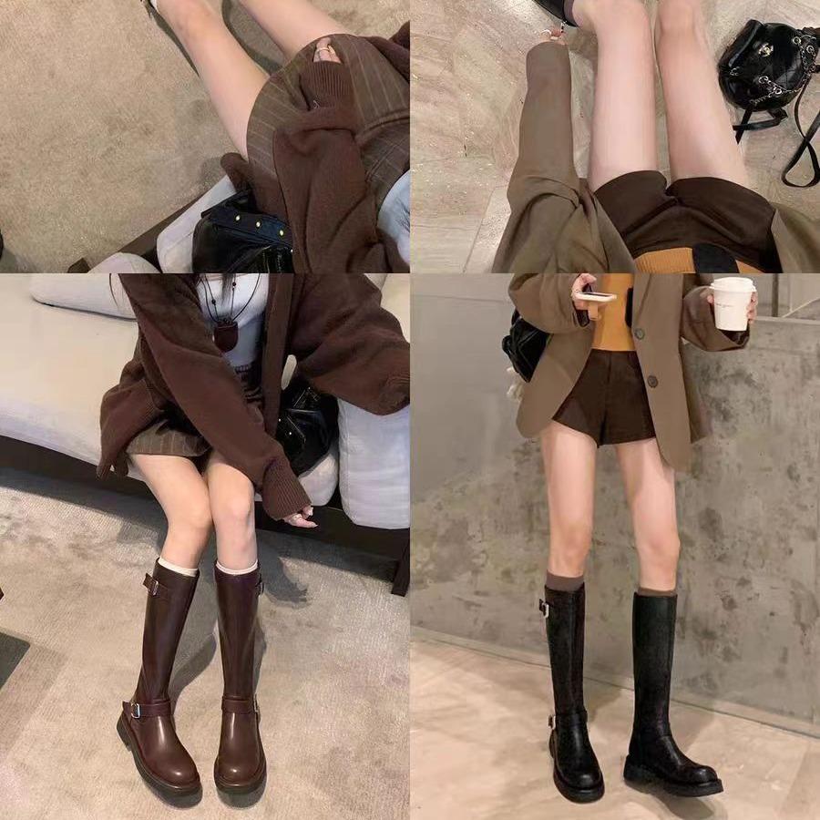 Grape Mother Autumn and Winter New Polish Pictorial~ Fashion Round Head Buckle with Thick Heel But Knee High Boots Knight Boots Women