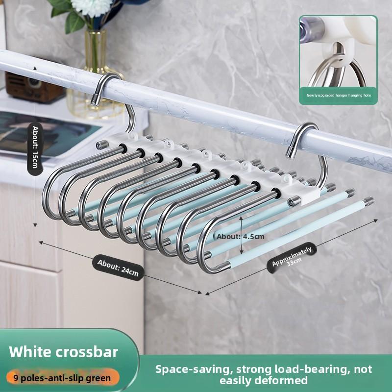 

Металлическая вешалка для брюк с 9 ярусами и противоскользящим покрытием, дизайн из нержавеющей стали, включая 5 крючков, уменьшающая беспорядок на 80%, для облегающих джинсов и джинсовой ткани