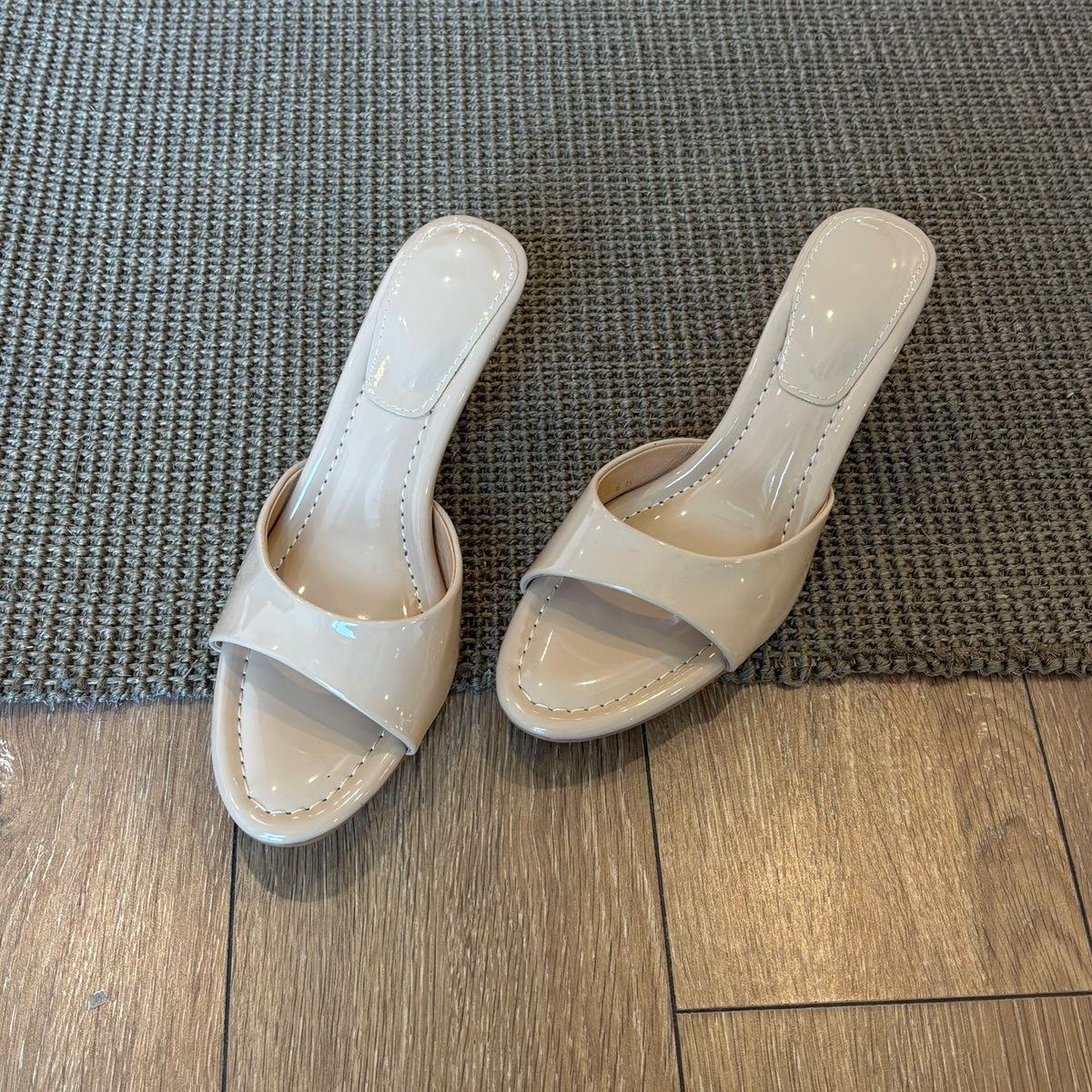 

Sheepskin version~ French temperament simple nude high-heeled cool slippers open-toed sexy thin heel slippers women 40