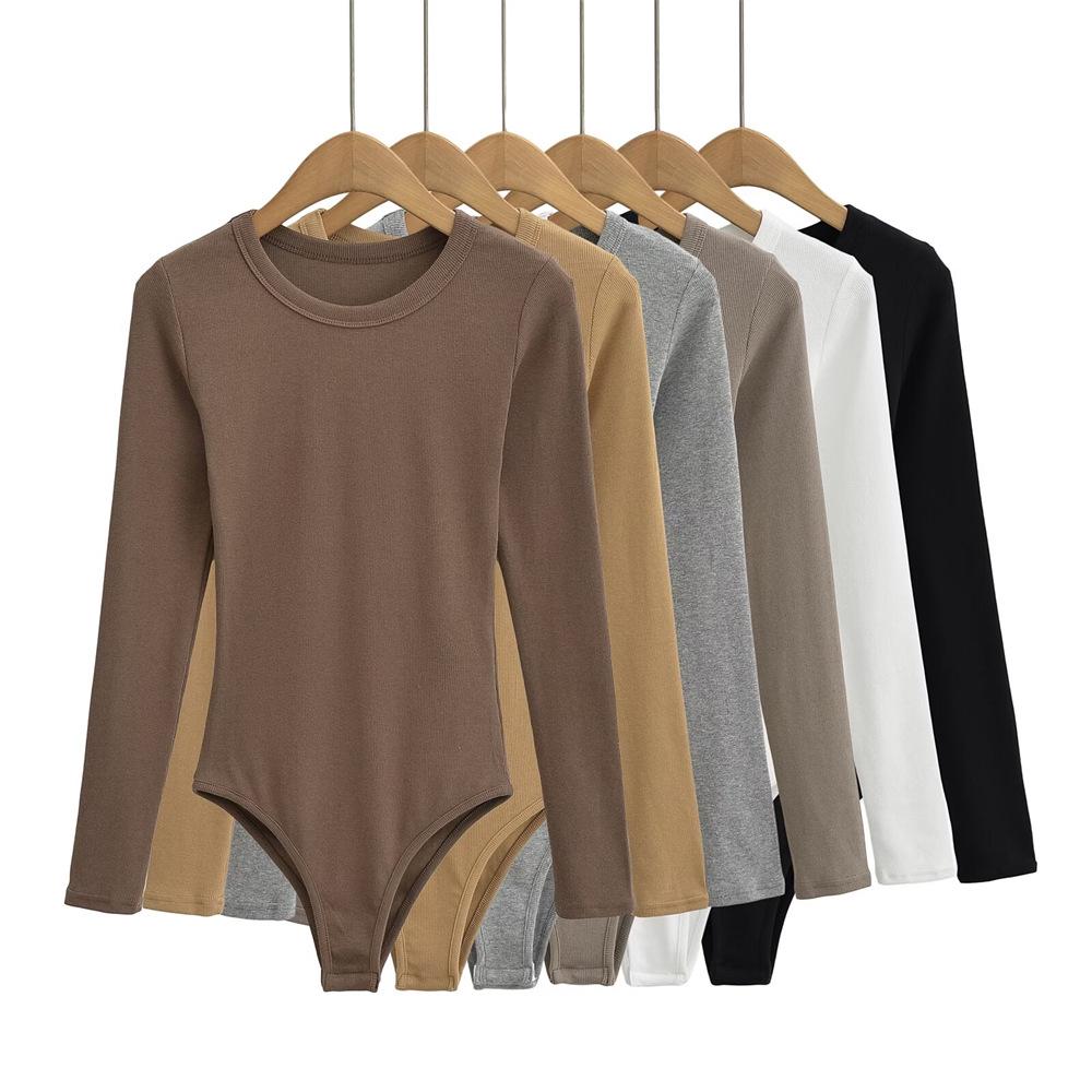 YPFF Trendy Women's Solid Color Slim Fit Round Neck Long Sleeve Bodysuit