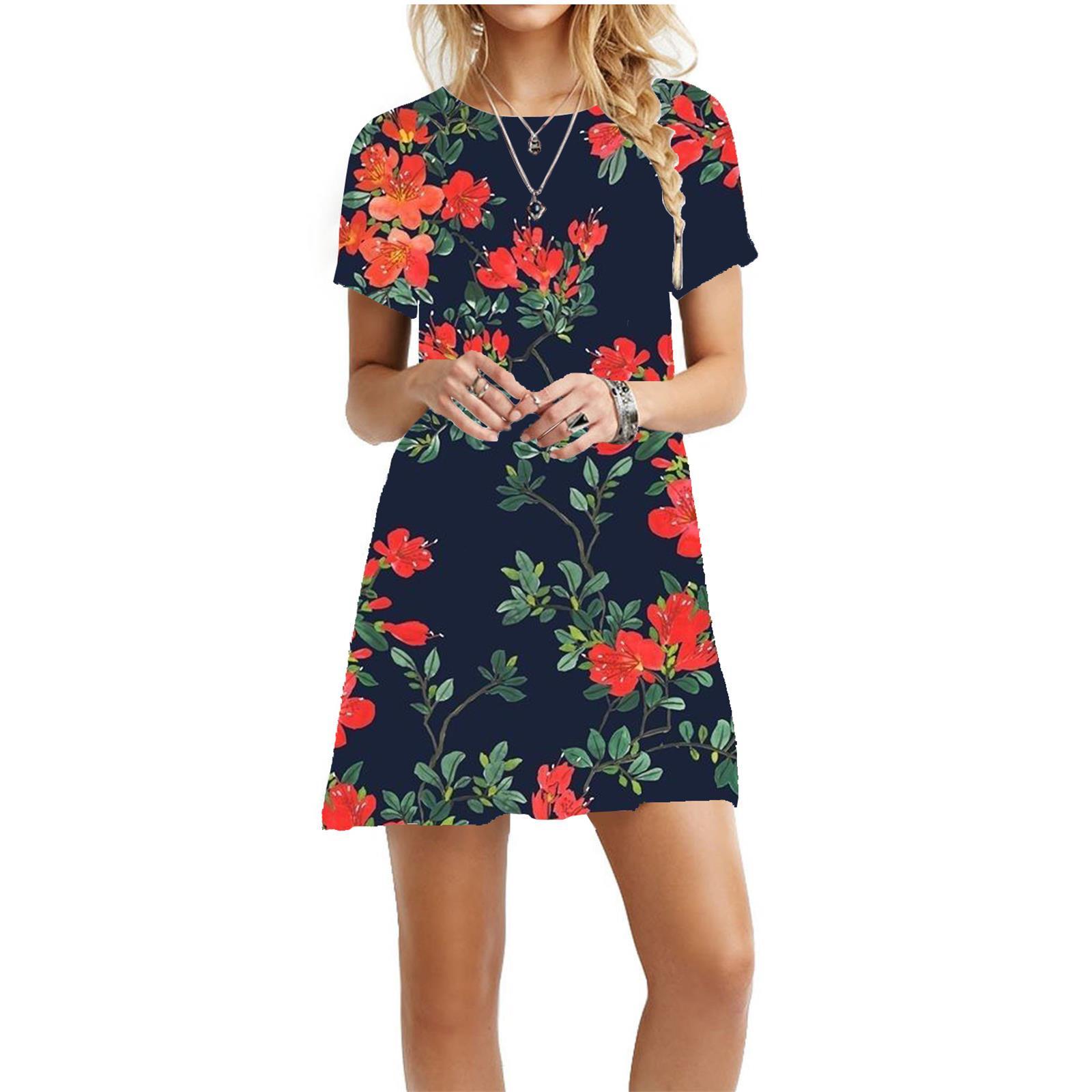 

(SU)Женское летнее платье Платье-футболка Пляжное платье с коротким рукавом Повседневное платье Длиной до колена Струящееся свободное платье с короткими рукавами День независимости