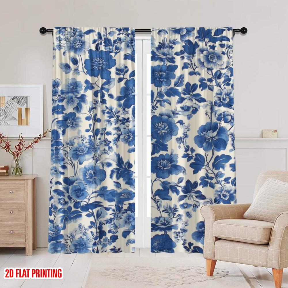 2 τεμ., Δίχρωμη εκτύπωση Επίπεδη Εκτύπωση Κουρτίνες Ψηφιακά Εκτυπωμένη Μπλε Ανθισμένη Ταπετσαρία 100% Πολυεστέρας (χωρίς ράβδο) Χρήση Όλες τις Εποχές για Καθιστικό