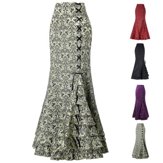 Halloween Skirt Jacquard Fishtail Women Punk Style Vintage Ruffles Bodycon Skirt