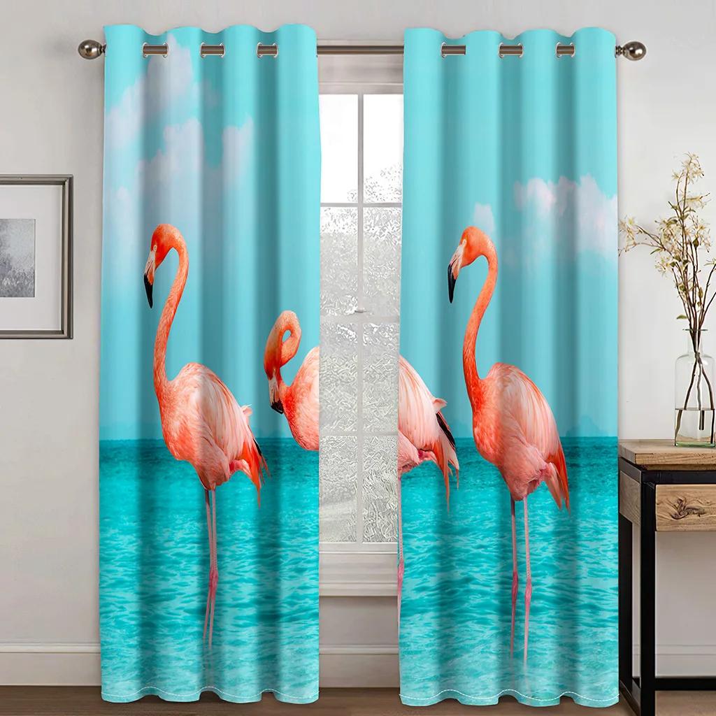 High Quality Flamingo Beach Sea Print Thick Blackout Curtain Pink Animal for Living Room Window High Shading Curtains New Drape