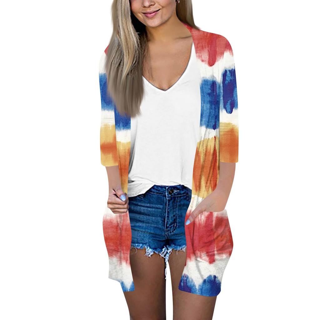 Damenmode Locker Lässig Tasche Bedruckt Strickjacke Siebenärmel Jacke Oberteil