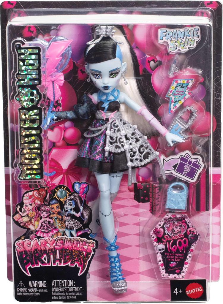 Monster High Scary Sweet Birthday Frankie Stein in a Black Party with themed accessories including an and Doll, Dress, invitation, balloons, toys,