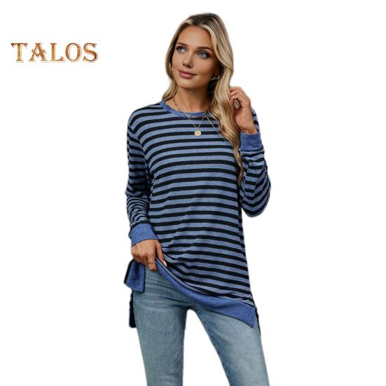 

Женские топы с круглым вырезом, длинными рукавами, полосатым принтом, футболка с боковыми разрезами, средней длины, свободный крой, эластичная футболка S чёрный/синий