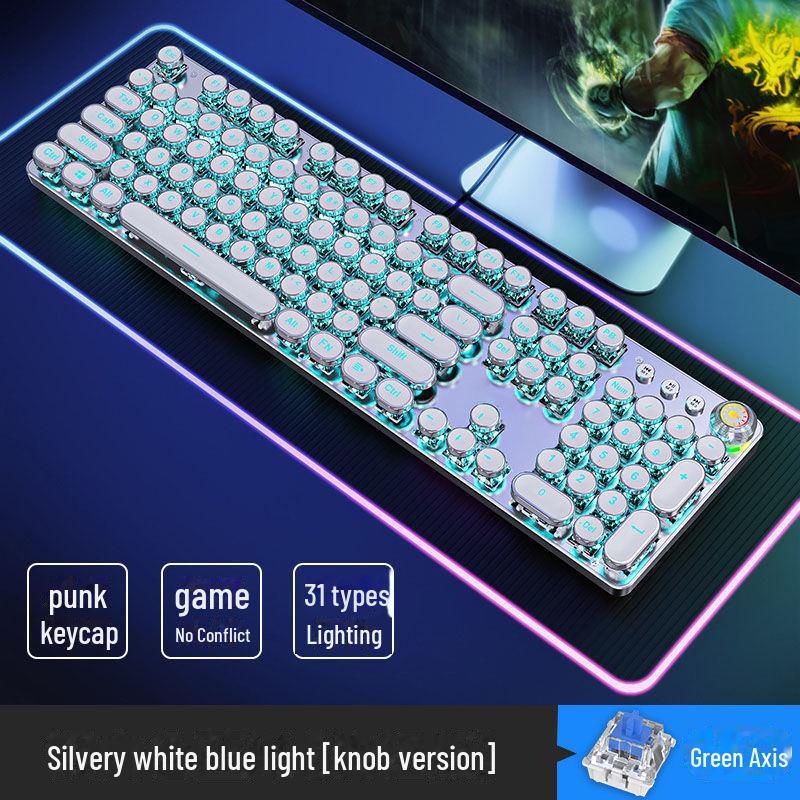 Wired TK100 Retro Steampunk Mechanical Gaming Keyboard with Blue Axis and Knob