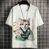 Japanese Samurai Cat Men Summer Fashion Short Sleeve 3d Printed Cartoon Clothing Anime